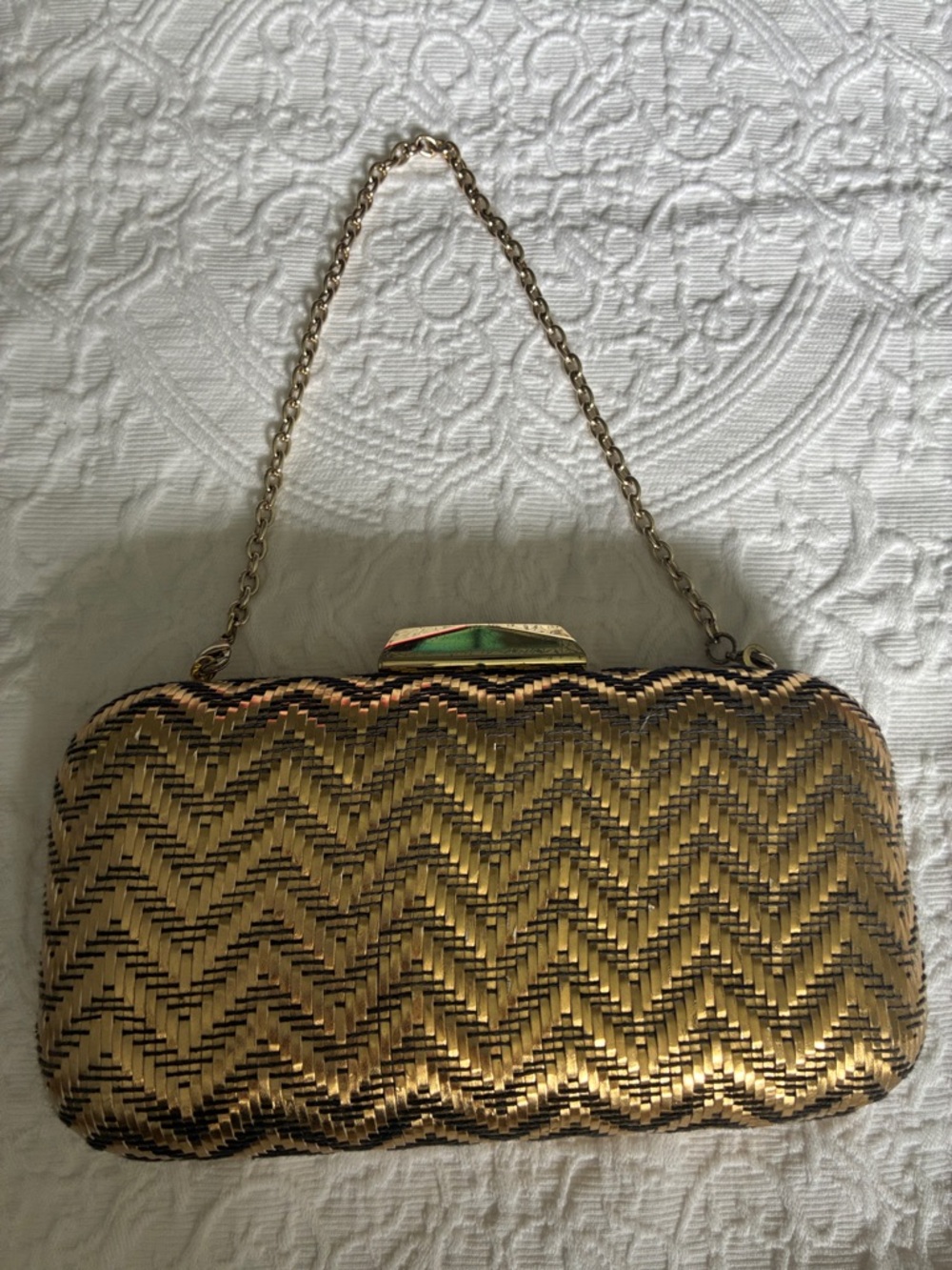 Sondra Roberts Gold Woven Chevron Evening Clutch with Chain
